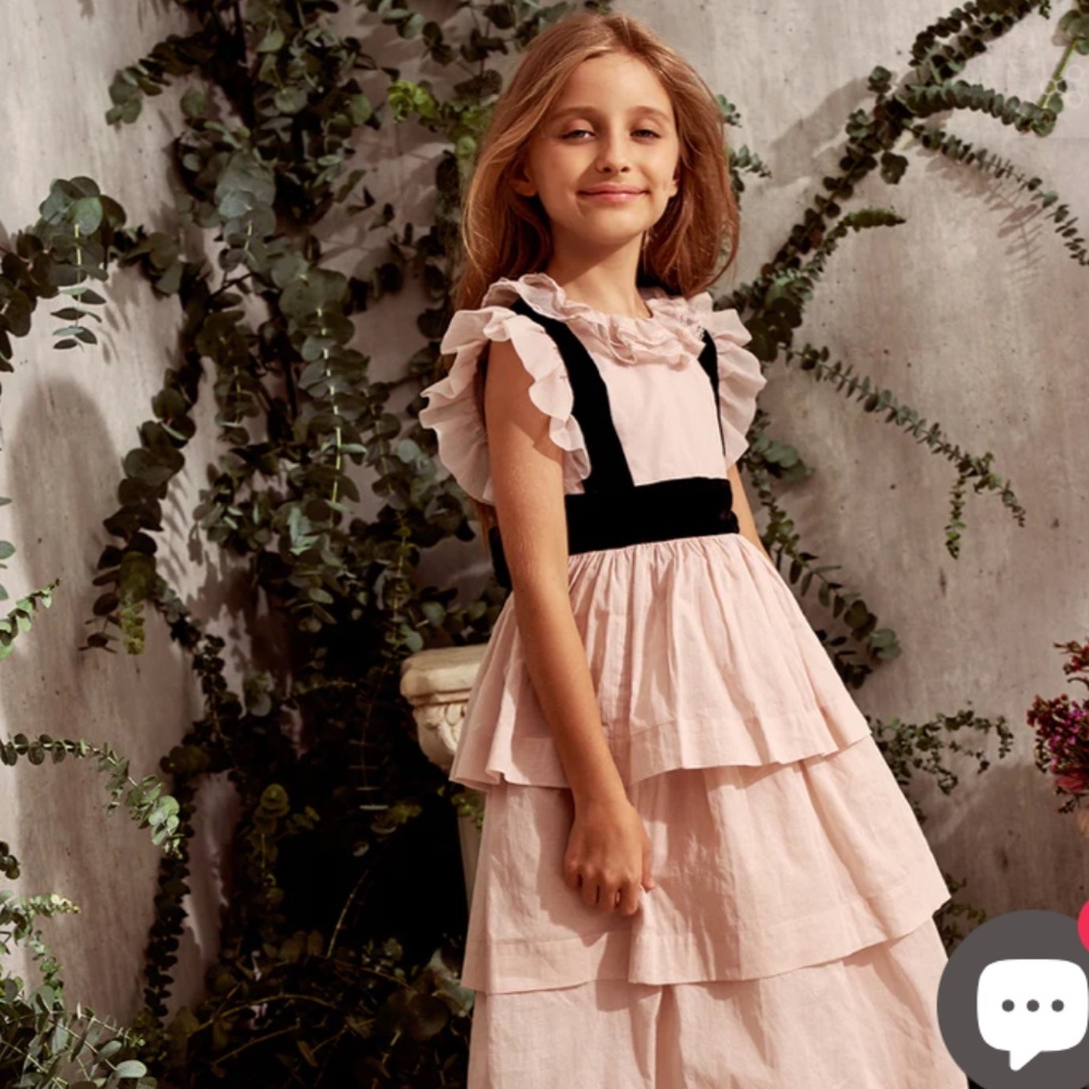 NELLYSTELLA Delilah Dress, Tiered pink cotton dress with velvet ribbon size 4T